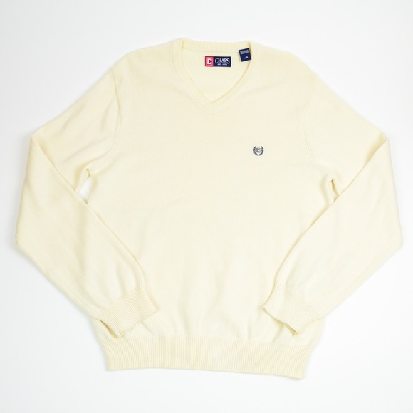 Chaps Sweater V-Neck Cream Classic Embroidered Logo Y2K Relaxed Fit Men’s Large - Picture 2 of 7